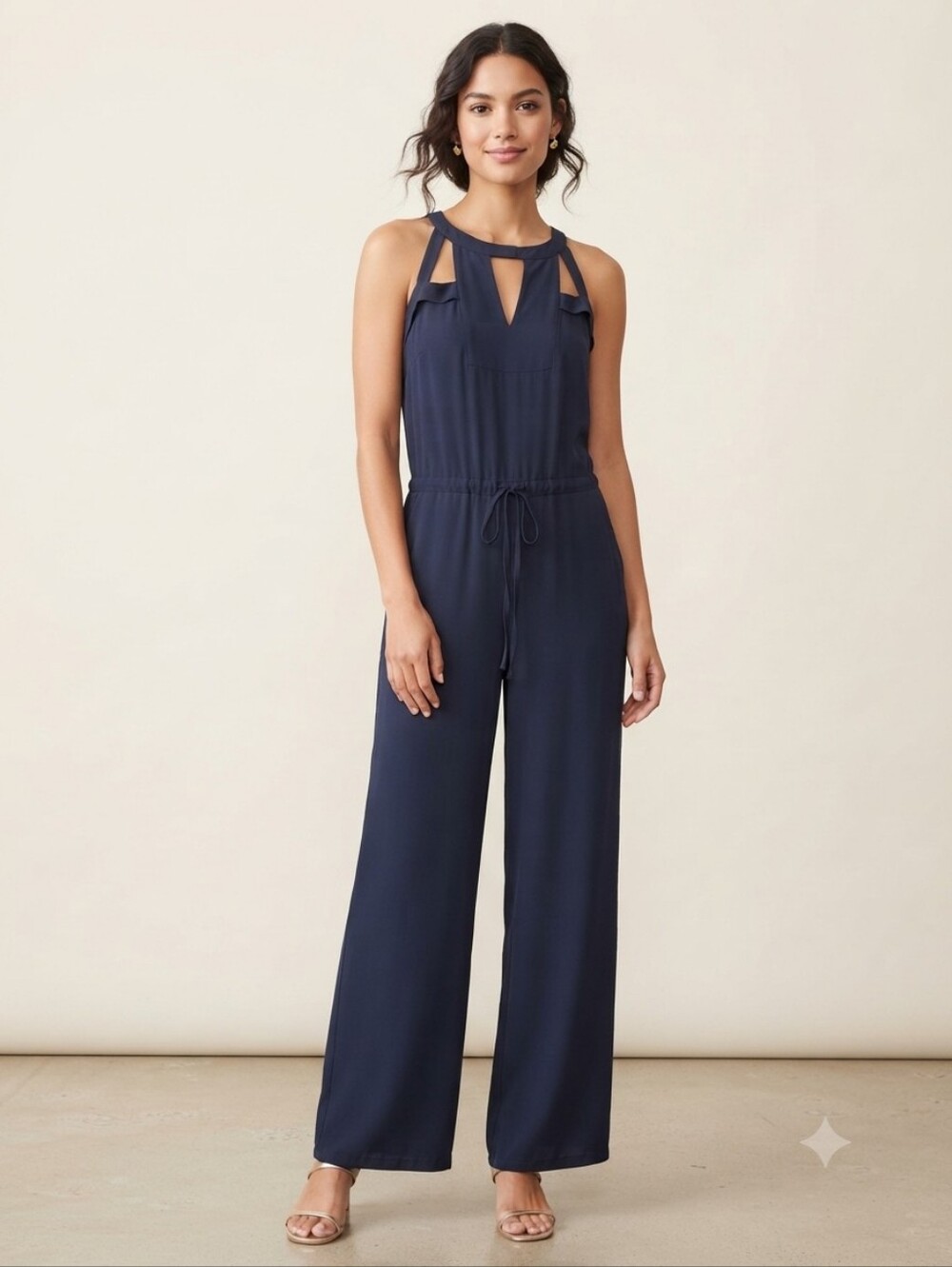 BCBGMaxAzria Navy Halter Cutout Wide-Leg Jumpsuit